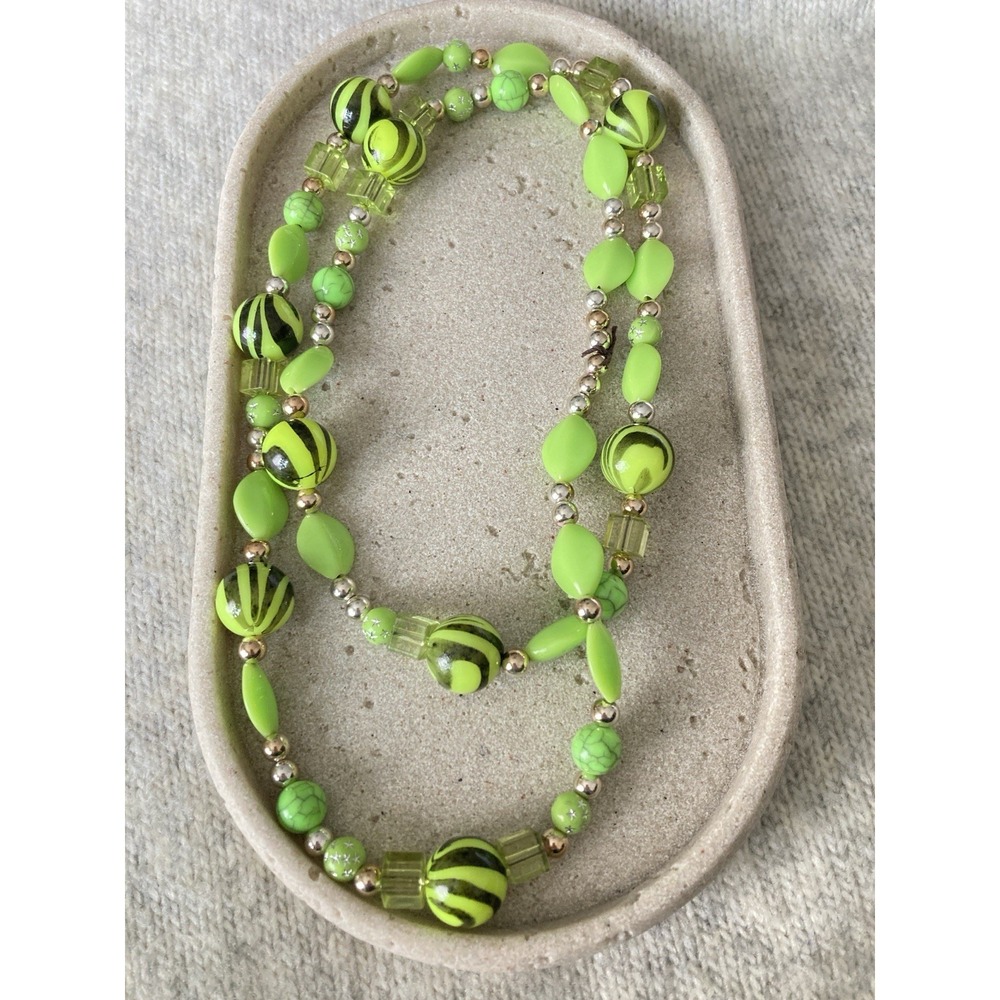 Lime Green Beaded Necklace Black Swirl Statement Bright & Bold Wrap Multi Strand